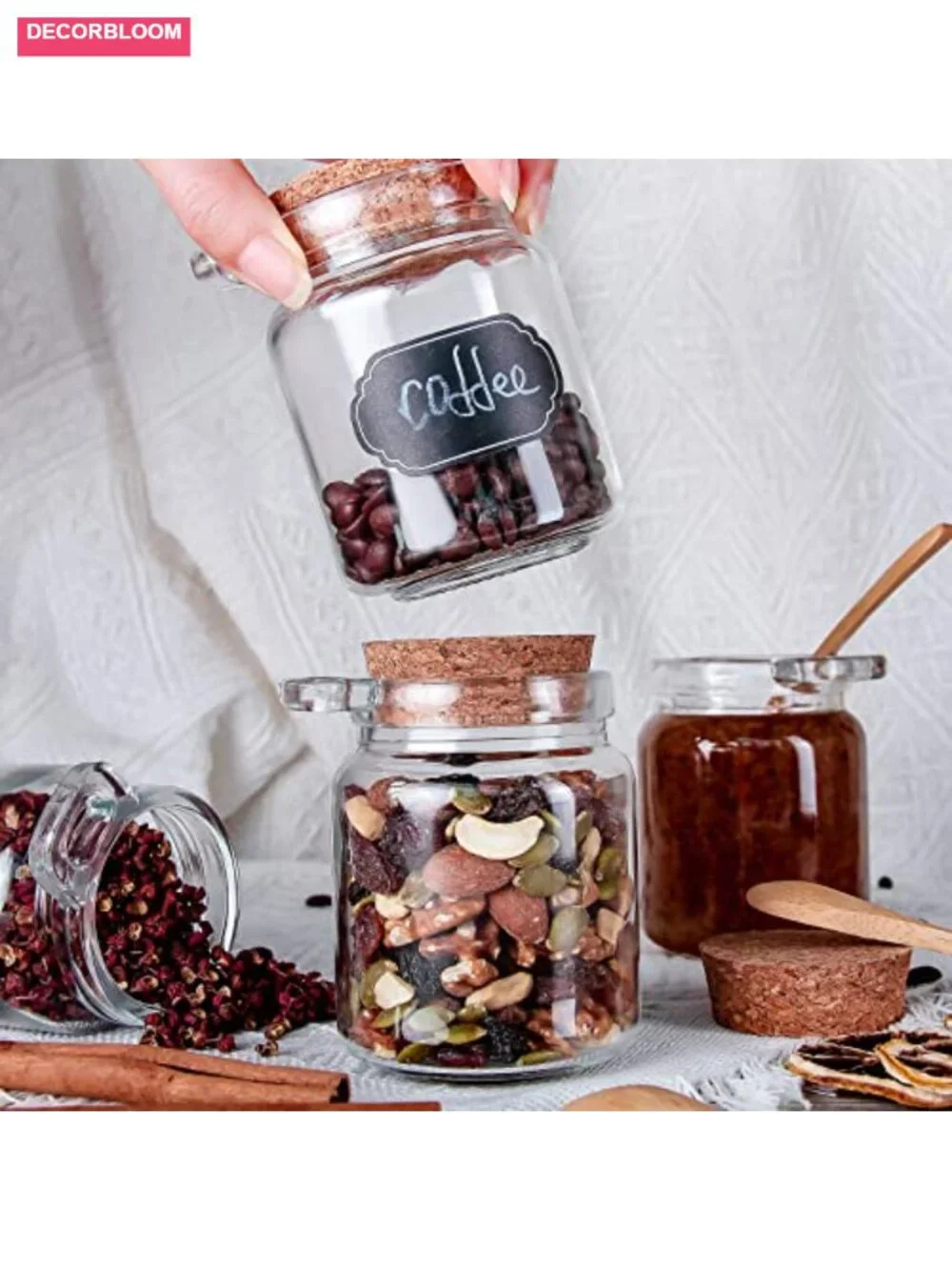 10oz Glass Storage Jars with Cork Lids & Spoons - 12 Pack for Pantry, Spices,